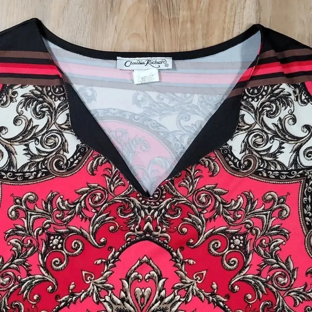 💛Claudia Richard Red & Black Scroll Print Sleeveless Top Large